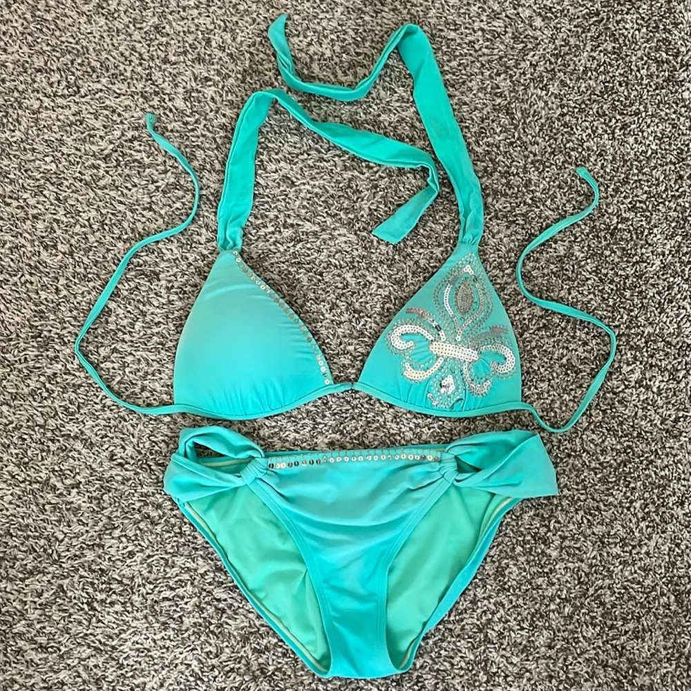 Miss Me aqua and silver sequin bikini size M